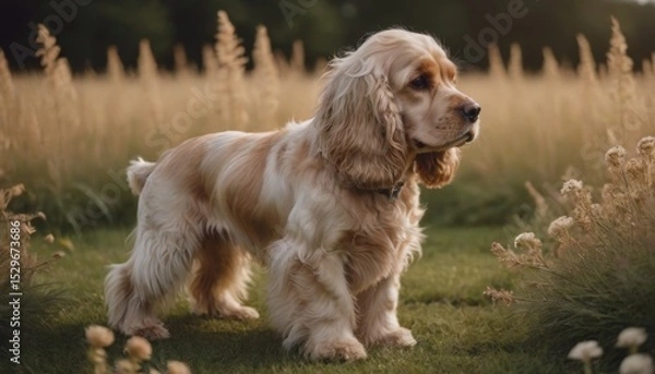Fototapeta Golden cocker spaniel dog standing gracefully in a sunlit field of tall grass, showcasing its fluffy coat and playful demeanor in a serene natural environment