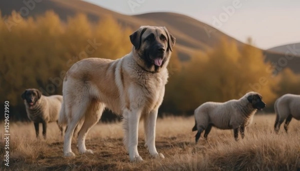 Fototapeta Large breed dog standing proudly in a golden field with gentle hills in the background, surrounded by playful puppies, showcasing companionship and natural beauty