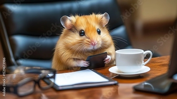 Fototapeta Golden hamster working at a desk in the office