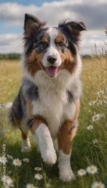 Fototapeta Playful dog with a fluffy coat is running joyfully through a field of wildflowers, showcasing a vibrant and lively outdoor scene filled with nature's beauty and warmth
