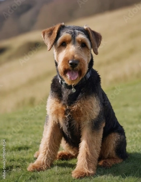 Fototapeta Airedale Terrier sitting on green grass in a sunny field, showcasing its distinctive coat and playful demeanor, embodying the spirit of a loyal companion in nature