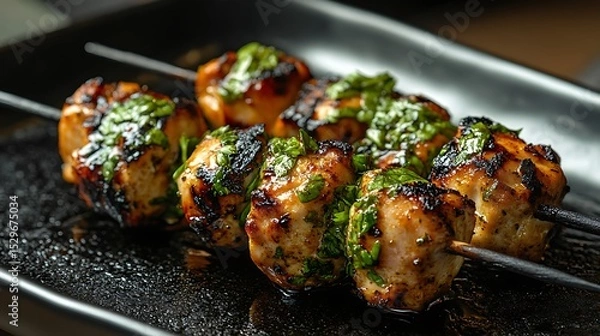 Fototapeta Grill coriander chicken at a skewer on a charcoal