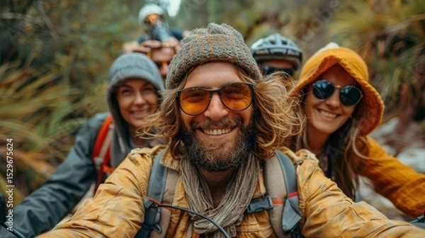 Fototapeta A vibrant group of friends is seen taking a selfie, surrounded by nature, showcasing adventure, camaraderie, and the joy of outdoor activities.