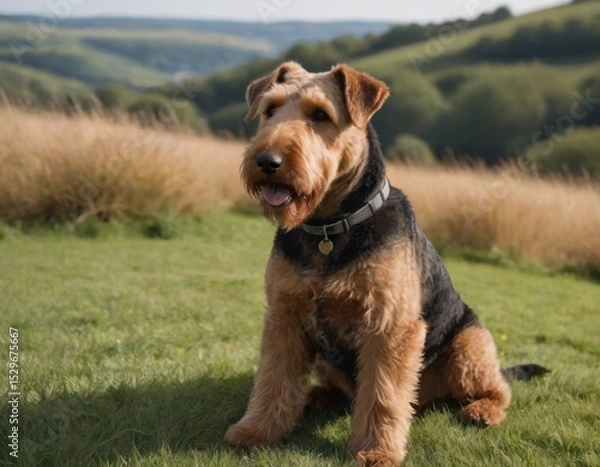 Fototapeta Airedale Terrier sitting on lush green grass in a scenic landscape, showcasing its distinctive coat and playful demeanor in a natural outdoor setting