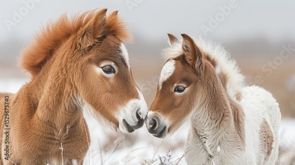 Obraz Two adorable foals nuzzle closely in a snowy landscape, embodying innocence and playfulness while capturing a warm moment of connection between young horses.