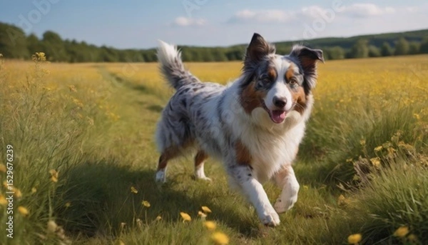 Fototapeta Playful dog running through a vibrant field of wildflowers, showcasing a joyful expression and dynamic movement, embodying the spirit of freedom and adventure in nature
