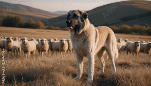 Fototapeta Large livestock guardian dog stands proudly in a golden field, surrounded by a flock of sheep grazing peacefully, showcasing the bond between animals and nature