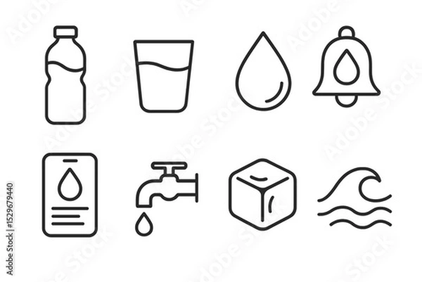 Fototapeta Hydration Icon Set. Line style icons for hydration: water bottle, glass, droplet, reminder bell, hydration tracker, faucet, ice