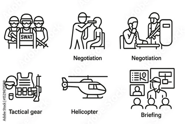 Fototapeta Police Operation Icons. Line style icons of police operations: SWAT team, hostage rescue, negotiation, raid, tactical gear,
