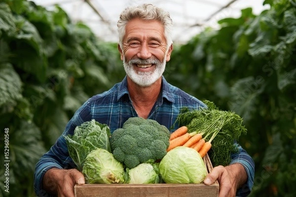 Fototapeta Smiling man holds a wooden crate full of fresh vegetables.
