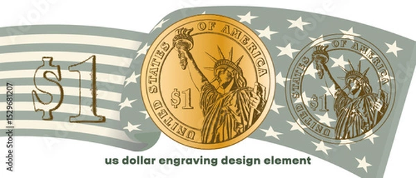 Fototapeta Vector engraving, design element. Modern US dollar. Change coin of United States of America. American money