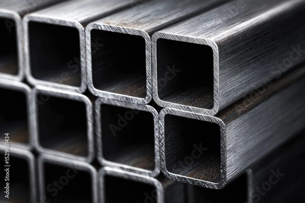 Fototapeta Close-up view of stacked square metal tubes.
