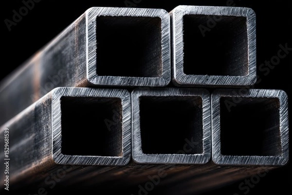 Fototapeta Close-up view of stacked square metal pipes.