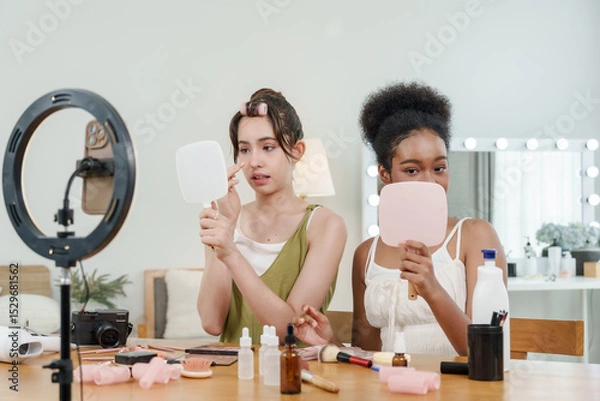 Fototapeta asian female teen and african female teen sit at table applying makeup while looking into mirrors and recording online beauty tutorial together with cosmetics and tools spread across surface