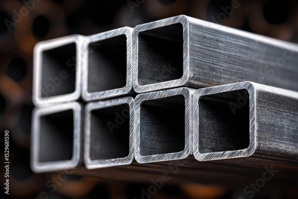 Fototapeta Close-up view of stacked square metal pipes.