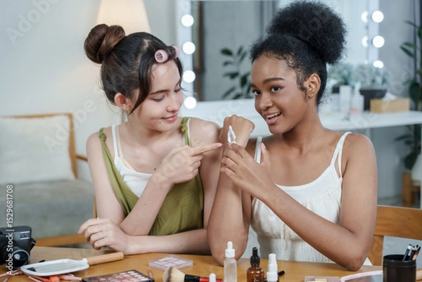 Fototapeta asian female teen and african female teen show applied cream on arm to smartphone camera while smiling during beauty product review filming with cosmetics and tools on desk