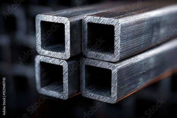 Fototapeta Close-up view of stacked square metal tubes.