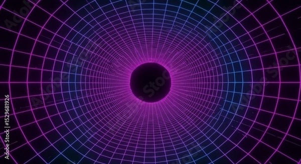 Fototapeta Abstract 3D Neon Grid Tunnel Background with Futuristic Light Design