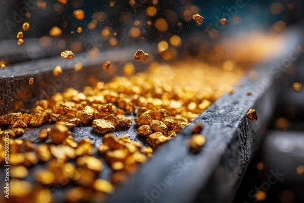Fototapeta Close-up view of gold nuggets on a conveyor belt.