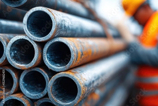 Fototapeta Close-up view of stacked metal pipes.