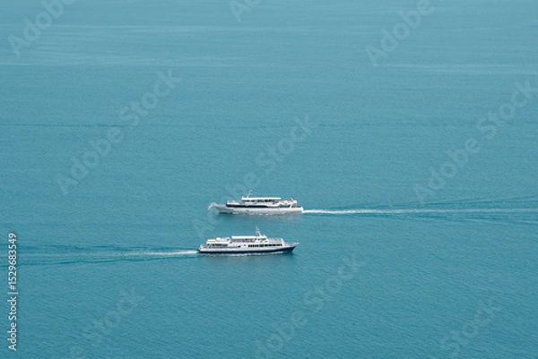 Obraz View of the sea from a height, two ships sailing to meet each other.