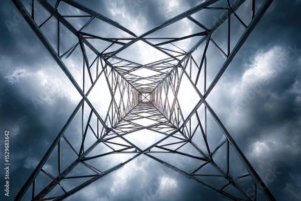 Fototapeta Metal framework of a tall tower against a stormy sky.