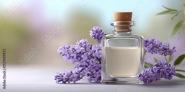 Obraz Lavender essential oil in clear glass bottle with fresh lavender flowers for relaxation and spa.