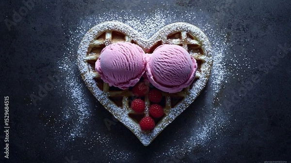 Fototapeta overhead shot of a heart-shaped waffle with two scoops of pink strawberry ice cream forming a love-themed dessert. Powdered sugar dusting and raspberries complete the romantic presentation. 
