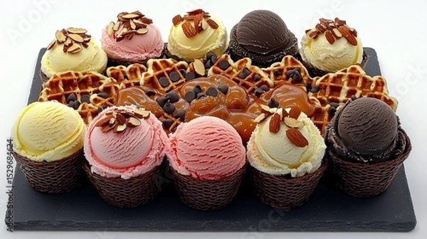 Fototapeta deconstructed dessert plate featuring waffle pieces, small ice cream scoops in various flavors, and an assortment of toppings (caramel sauce, chopped almonds, chocolate chips) arranged artistically 