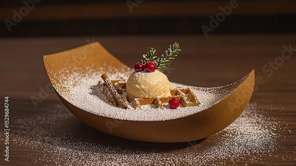 Fototapeta winter-themed waffle dessert dusted with powdered sugar to resemble snow, topped with eggnog-flavored ice cream and cinnamon sticks. Cranberry garnish adds festive color against a dark wooden 