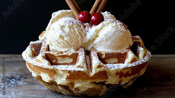 Fototapeta winter-themed waffle dessert dusted with powdered sugar to resemble snow, topped with eggnog-flavored ice cream and cinnamon sticks. Cranberry garnish adds festive color against a dark wooden 
