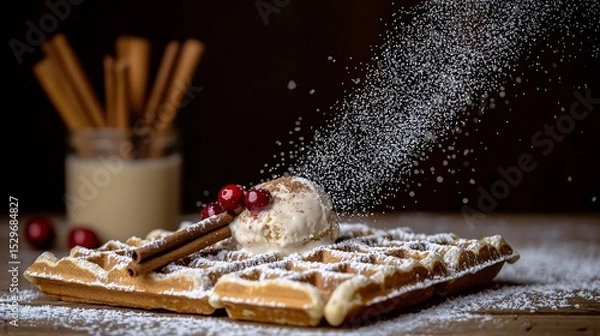 Fototapeta winter-themed waffle dessert dusted with powdered sugar to resemble snow, topped with eggnog-flavored ice cream and cinnamon sticks. Cranberry garnish adds festive color against a dark wooden 