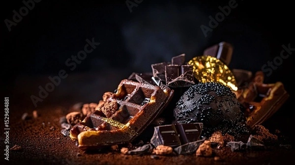 Fototapeta dramatic dark food photography shot of chocolate waffles with black sesame ice cream, gold leaf accents, and dark chocolate shavings. Moody lighting creates elegant shadows. dark food photography, 