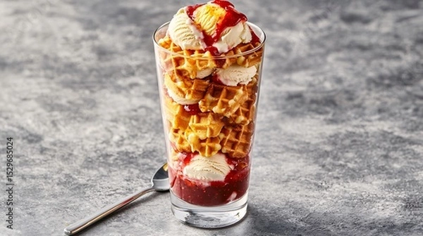 Fototapeta towering waffle and ice cream sundae in a tall glass, layering alternating waffle pieces and ice cream with strawberry sauce between each layer. A long spoon stands ready to dig in. waffle sundae, 
