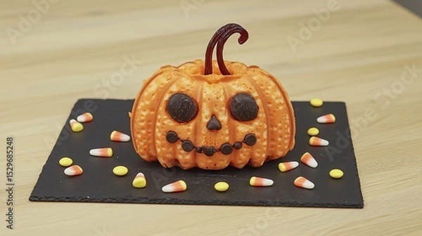 Fototapeta Halloween-themed waffle shaped like a pumpkin, with orange-colored ice cream and chocolate chip "face." Licorice strings create a stem, placed on a black slate with candy corn scattered around. 