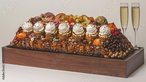 Fototapeta luxurious dessert board featuring mini waffles, assorted ice cream scoops, and an extravagant topping bar with sauces, fruits, nuts and candies. Champagne glasses sit nearby for a celebratory 