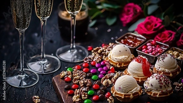 Fototapeta luxurious dessert board featuring mini waffles, assorted ice cream scoops, and an extravagant topping bar with sauces, fruits, nuts and candies. Champagne glasses sit nearby for a celebratory 