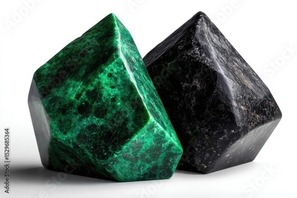Fototapeta Two sculpted gemstone-like objects in contrasting colors.