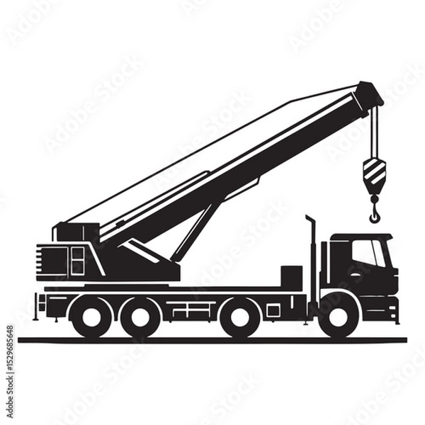 Obraz Sky Reach Crane silhouette with extended boom – Crane illustration – Minimalist Crane vector – Vehicle silhouette

