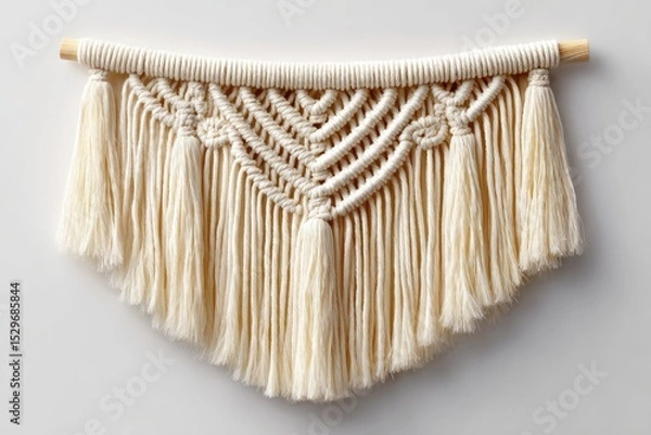 Fototapeta Cream-colored macrame wall hanging with fringe.