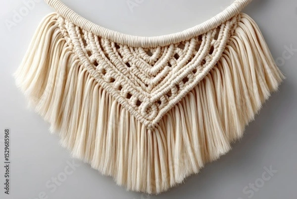 Fototapeta Cream colored macrame wall hanging with fringe.