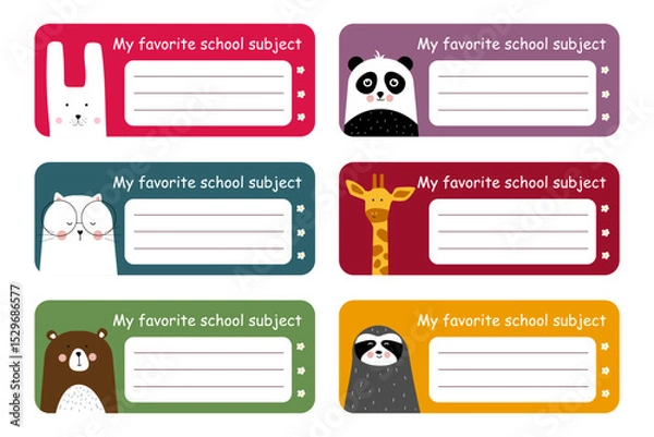 Fototapeta Name tag set. Colored school labels for kids and class names with cute animal - panda, bear, sloth, giraffe, cat, hare. Notebook Labels. children's education. Vector illustration