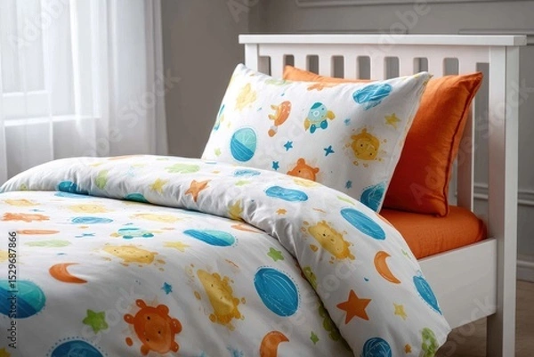 Fototapeta Children's bedding set with celestial and space themed design.