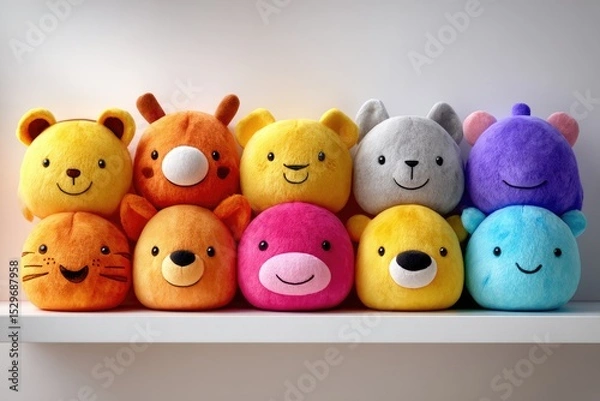 Fototapeta Row of colorful plush animal heads on a white shelf.