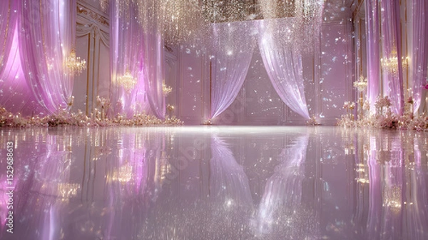 Fototapeta Elegant event space with pink drapes and shimmering lights