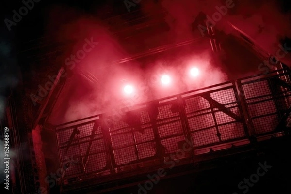 Fototapeta Mysterious Industrial Scene with Red Lights and Fog Atmosphere