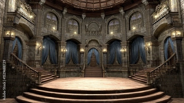 Fototapeta Grand Empty Theater Stage with Elegant Decorations and Blue Drapes
