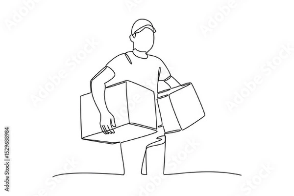 Obraz male helper carrying two boxes. Safe delivery of goods concept. 3d vector people character illustration. Cartoon minimal style.