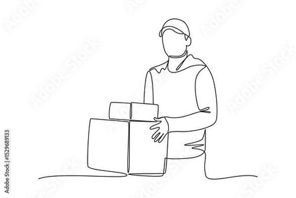 Obraz male helper with box. Safe delivery of goods concept. 3d vector people character illustration. Cartoon minimal style.
