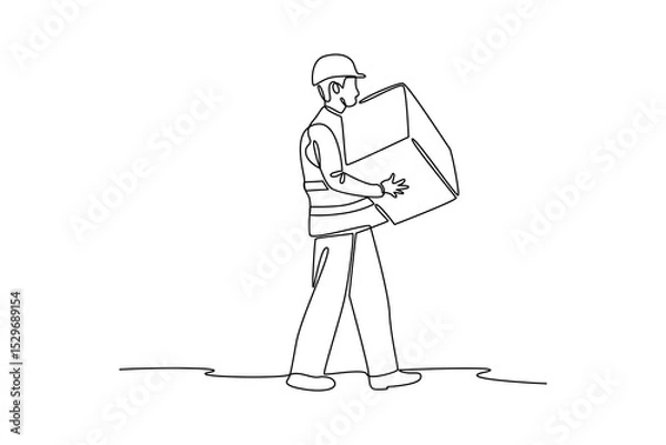 Obraz Warehouse helper carries boxes wearing safety clothing. Safe delivery of goods concept. 3d vector people character illustration. Cartoon minimal style.